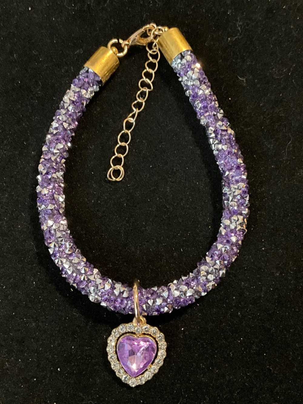 Purple Rhinestone Pet Necklace Heart Charm Dog Cat Adjustable 7.87in + Ext